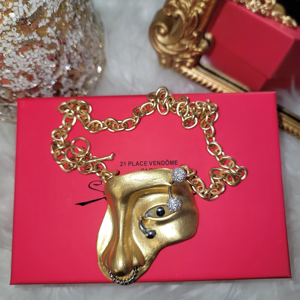 Gold Pendant Schiaparelli Face Necklace.